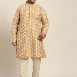 SOJANYA PLUS Men Golden & White Chikankari Embroidered Kurta-picture-14