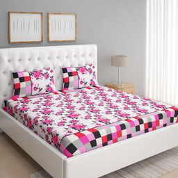 Myntra Elegant Homes White & Pink Floral 144 TC Queen Bedsheet with 2 Pillow Covers-image-14