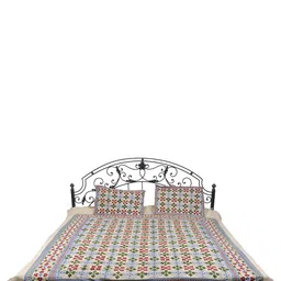 Exotic India Beige & Green Floral Cotton 300 TC Queen Bedsheet With 2 Pillow Covers-image-83