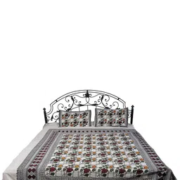 Exotic India White & Green Floral Cotton 300 TC Queen Bedsheet With 2 Pillow Covers-image-51