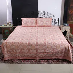 Exotic India Peach Ethnic Motifs 300 TC Cotton Queen Bedsheet With 2 Pillow Covers-picture-45