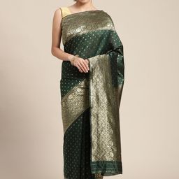 KALINI Green & Gold-Toned Woven Design Zari Silk Blend Kanjeevaram Saree-image-9