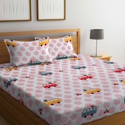 KLOTTHE White & Pink Cartoon Printed 300TC Double King Bedsheet & 2 Pillow Covers-image-24