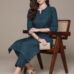 Readiprint Fashions Embroidered Sequinned Pure Silk Kurta with Trousers-21