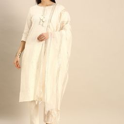 Rajnandini Women Off White Floral Embroidered Sequinned Pure Cotton Kurta with Trousers & With Dupatta-image-82