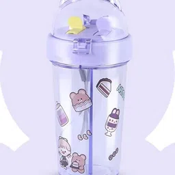YK Purple Acrylic Portable Double Straw Plastic Printed Water Bottle 480ML-19