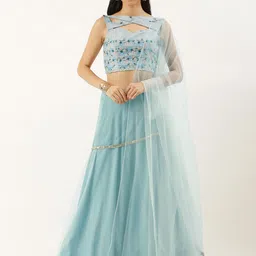Ethnovog Green  Pink Embellished Sequinned Made to Measure Lehenga  Blouse With Dupatta-4