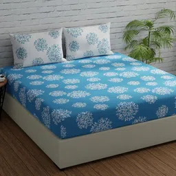 Huesland Blue & White Floral 144 TC King Fitted Cotton Bedsheet with 2 Pillow Covers-image-47