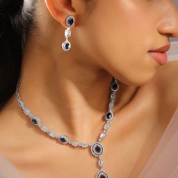 Rubans Rhodium-Plated Blue Sapphire & AAA Cubic Zirconia Luxe Necklace Set in Silver Tone-54