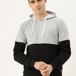 Campus Sutra Men Grey Melange & Black Colourblocked Hooded Bio Wash Sweatshirt-image-17