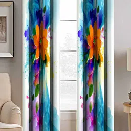 BELLA TRUE Turquoise Blue & Orange Set of 2 Floral Room Darkening Door Curtain-image-64