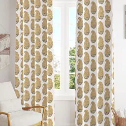 Trance Home Linen White & Gold Toned 2 Pcs Printed Room Darkening Pure Cotton Door Curtain-image-50