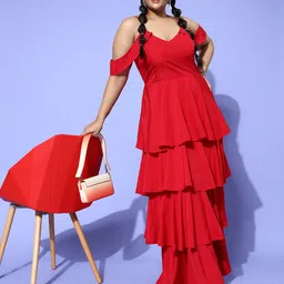 Berrylush Curve Plus Size Red Cold-Shoulder Layered Crepe Maxi Dress-49