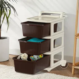 Kuber Industries Ivory Brown 3 Layer Plastic Modular Storage Drawer Organizer With Wheels-44