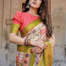DIVASTRI Kalamkari Printed Zari Silk Blend Kanjeevaram Saree-image-34