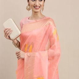 Mitera Peach-Coloured & Yellow Bagh Linen Blend Banarasi Saree-image-12