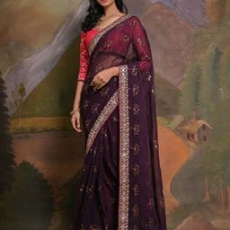 Anouk Burgundy & Gold-Toned Embellished Sequinned Pure Georgette Saree-23
