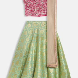 Ethnovog Girls Green  Pink Embroidered Thread Work Ready to Wear Lehenga Set-image-84