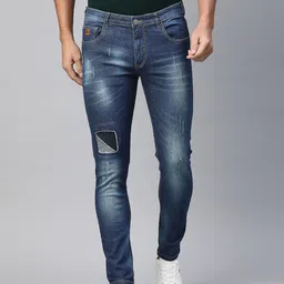 Campus Sutra Men Navy Blue Mildly Distressed Light Fade Applique Stretchable Jeans-image-42