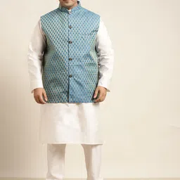 SOJANYA PLUS Men Plus Size Off White Kurta with Churidar & Nehru Jacket-5