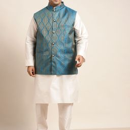 SOJANYA PLUS Men Plus Size Off White Kurta with Churidar & Nehru Jacket-8