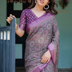 all about you Ethnic Motifs Zari Pure Linen Block Print Saree-picture-1