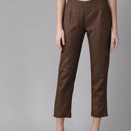 anayna Women Coffee Brown & Golden Regular Fit Printed Cropped Trousers-image-42