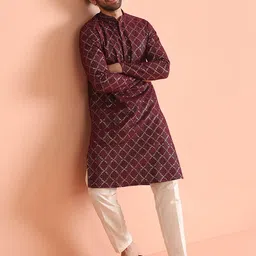 KISAH Men Embroidered Regular Fit Sequinned Kurta Trouser Set-image-81