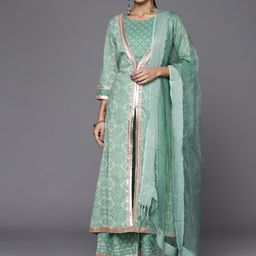 Varanga Women Teal Bandhani Printed High Slit Gotta Patti Pure Cotton Kurta with Palazzos & With Dupatta-13
