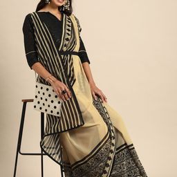 Sangria Black & Beige Striped Saree-image-70