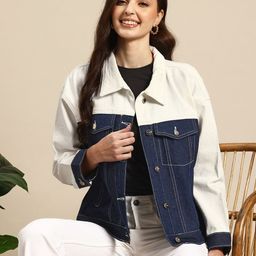 Mast & Harbour Colourblocked Drop-Shoulder Sleeves Pure Cotton Trucker Denim Jacket-21