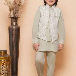 Aj DEZInES Boys Pure Cotton Straight Kurta & Trousers With Nehru jacket-image-3