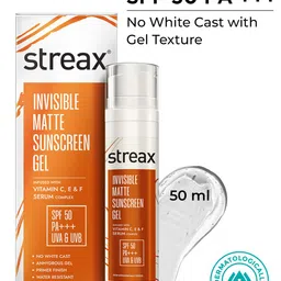 Streax Water Resistant SPF50 PA+++ Invisible Matte Sunscreen Gel with Vitamin C & E - 50ml-52