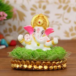 eCraftIndia Green & Gold-Toned Handcrafted Lord Ganesha On Decorative Plate With Flowers Showpiece-26