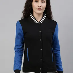 Campus Sutra Women Black Solid Varsity Jacket with Contrast Sleeves-image-14