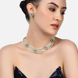 Zaveri Pearls Green & Gold Tone Kundan Flowers Multistrand Pearls Necklace & Earring Set-56