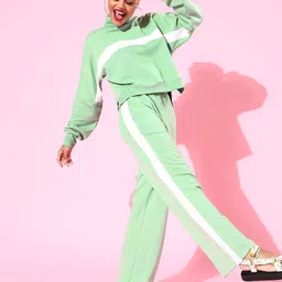 Athena Women Green High Neck Co-ord Set with Stripe Detail-image-55