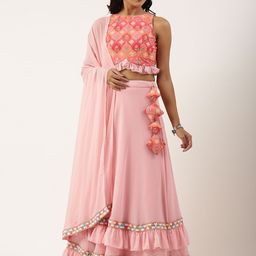 Ethnovog Pink Embroidered Mirror Work Made to Measure Lehenga  Blouse With Dupatta-4
