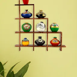 ExclusiveLane Tan Brown 9 Pots Warli Handpainted Terracotta Wall Shelves-39