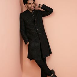 KISAH Men Black Cut-Dana Indowestern Sherwani Trousers Set With Beads and stones-image-11