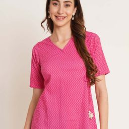 COTLAND FASHION Geometric Printed V-Neck Tie-Ups Detail Pure Cotton Top-image-77