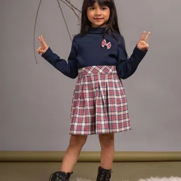 Budding Bees Girls High Neck Pure Cotton T-shirt With Checked Skirt-image-50