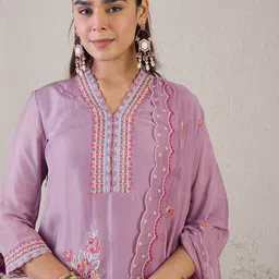 Indo Era Floral Embroidered V Neck Organza Kurta With Trousers & Dupatta-picture-55