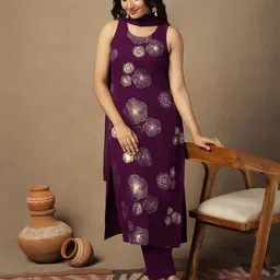 Sangria Floral Printed Round Neck Straight Kurta With Trouser & Dupatta-27