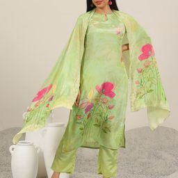 Libas Floral Printed Keyhole Neck Straight Kurta With Trousers & Dupatta-11