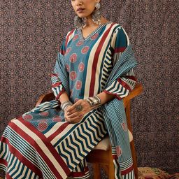 Indo Era Women Printed Regular Pure Cotton Kurta with Trousers & With Dupatta-image-53