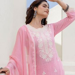 EthniFlair Women Floral Embroidered Cotton Kurta with Trousers & Dupatta-picture-58