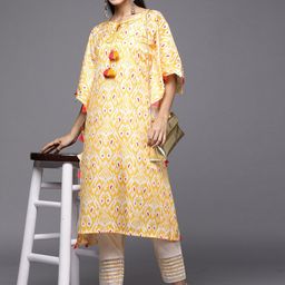 Indo Era Women Yellow Ethnic Motifs Printed Kaftan Kurta with Trousers-image-96