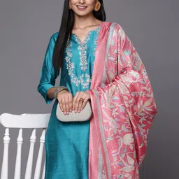 Varanga Women Turquoise Blue & Pink Floral Embroidered Kurta with Trousers & Dupatta-picture-25