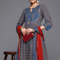 Varanga Women Blue Ethnic Motifs Printed Pure Cotton Kurta with Trousers & Dupatta-image-32